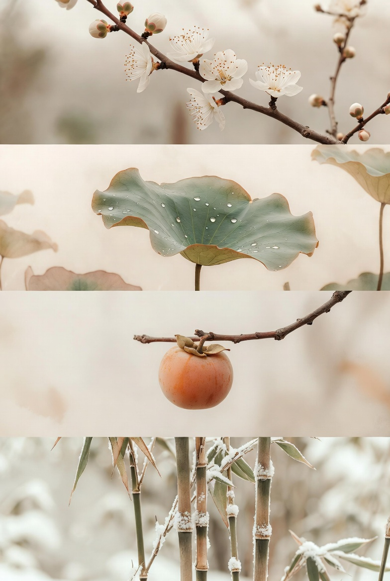 Four seasons of nature — plum blossoms, lotus, persimmon, bamboo