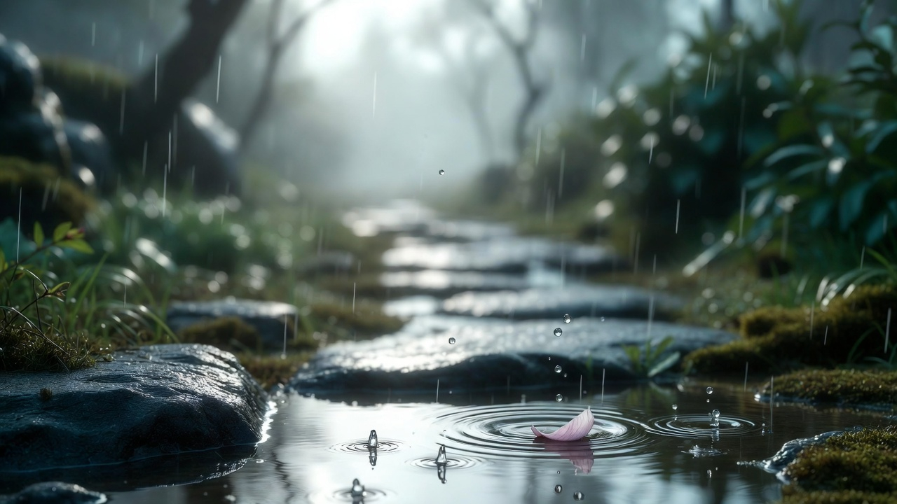 Spring rain on stone garden path